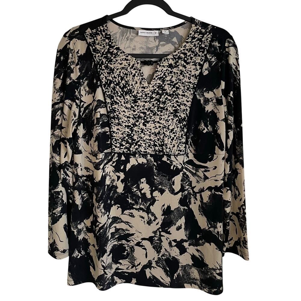Susan Graver Tunic Top Black Tan Sz M Long Sleeves Beaded Split Neck Lagenlook